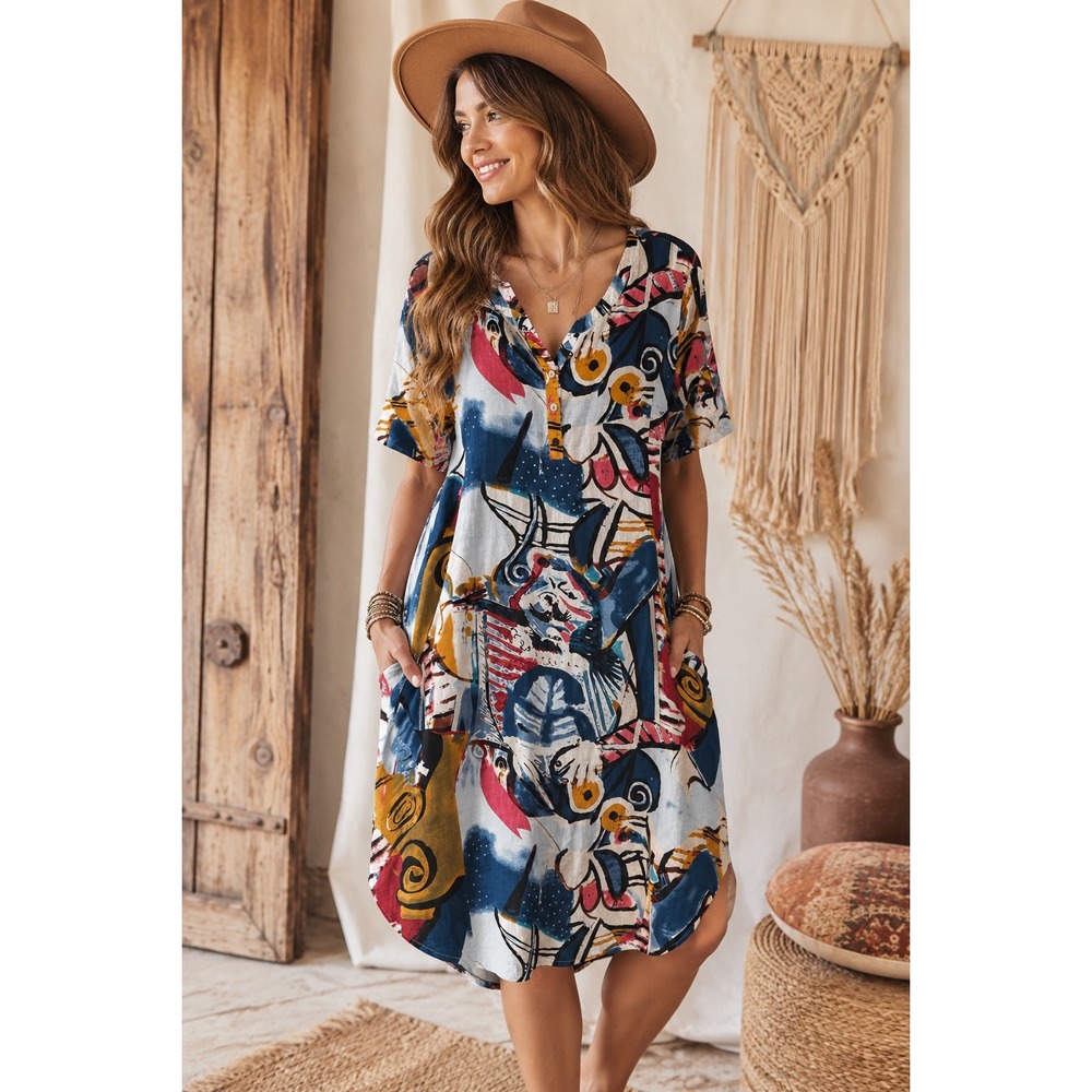 O-necue Abstract Art Print Linen Shift Dress Multicolor Short Sleeve Pockets 3XL